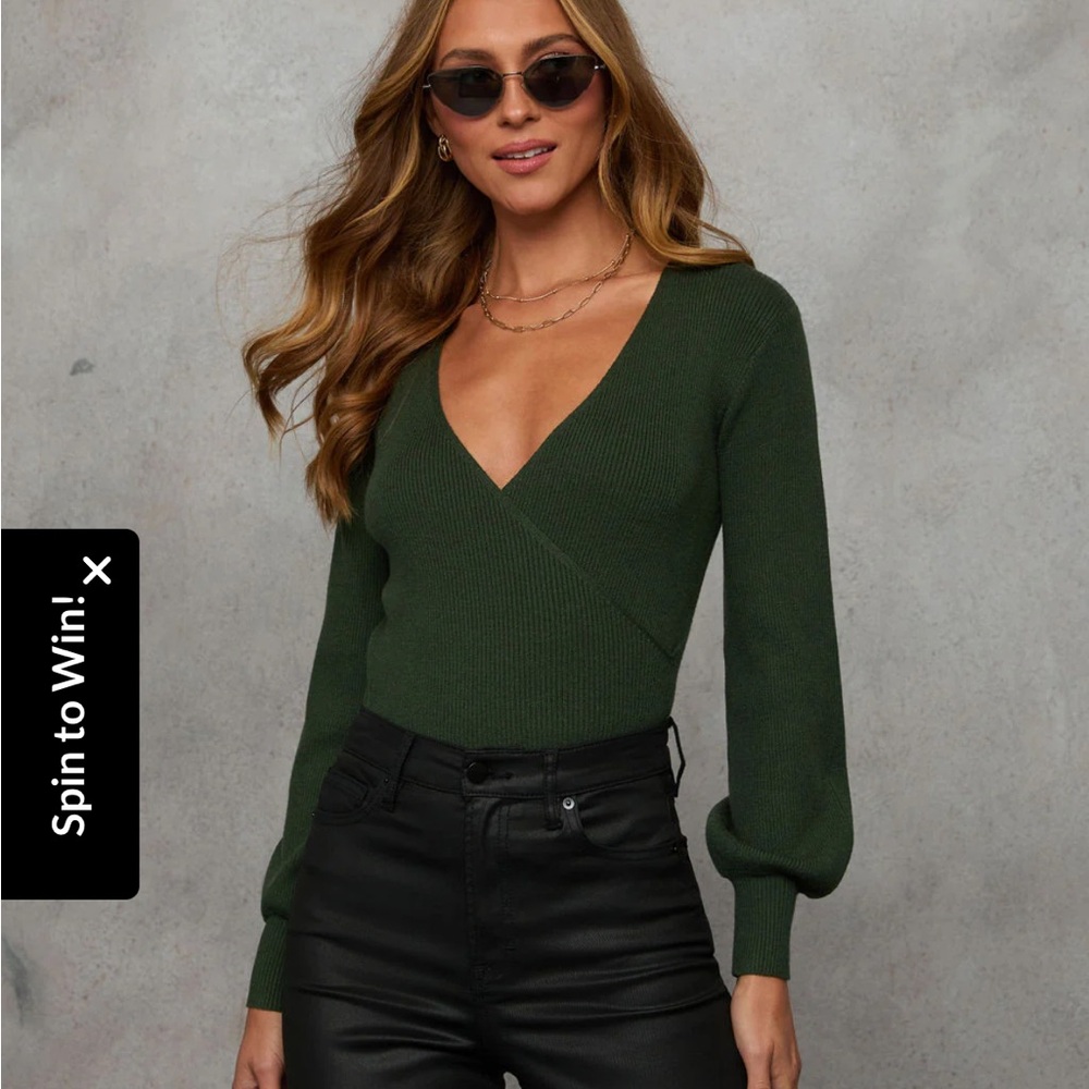Vici Green V-Neck Sweater with Ribbed Details